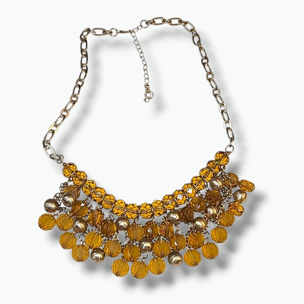 Vintage Gold‎ Tone Amber Crystal Faux Pearl Bib Statement Necklace 20-23"
